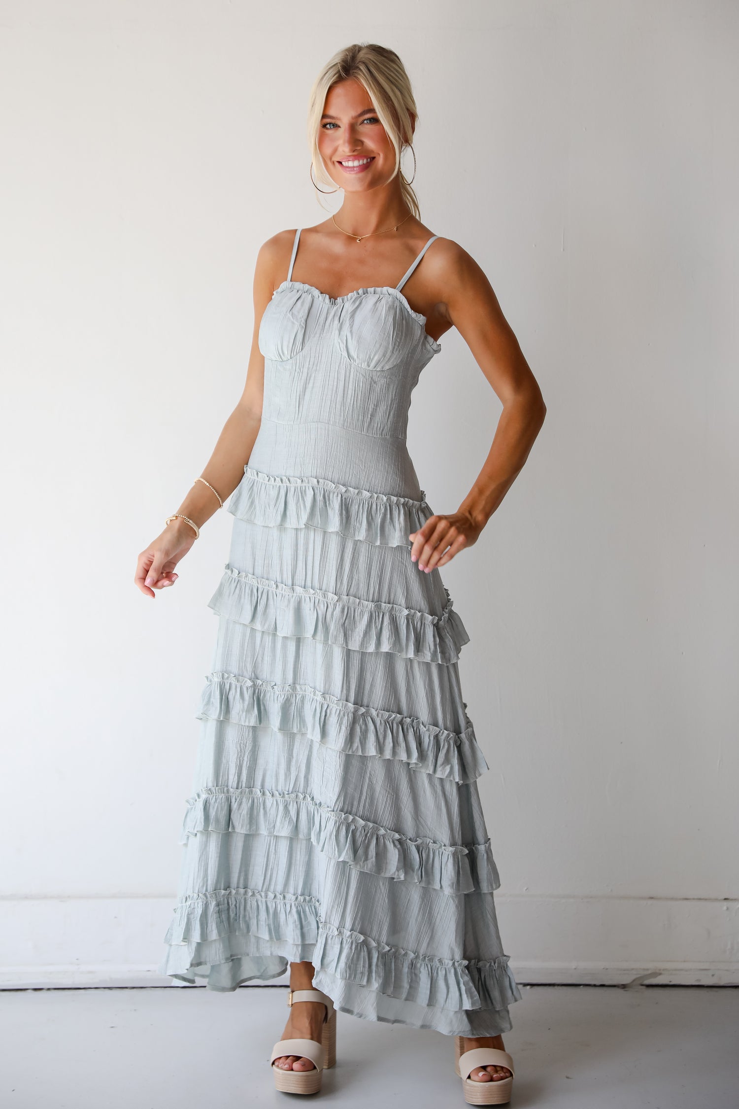 Flattering Attitude Light Blue Ruffle Tiered Maxi Dress