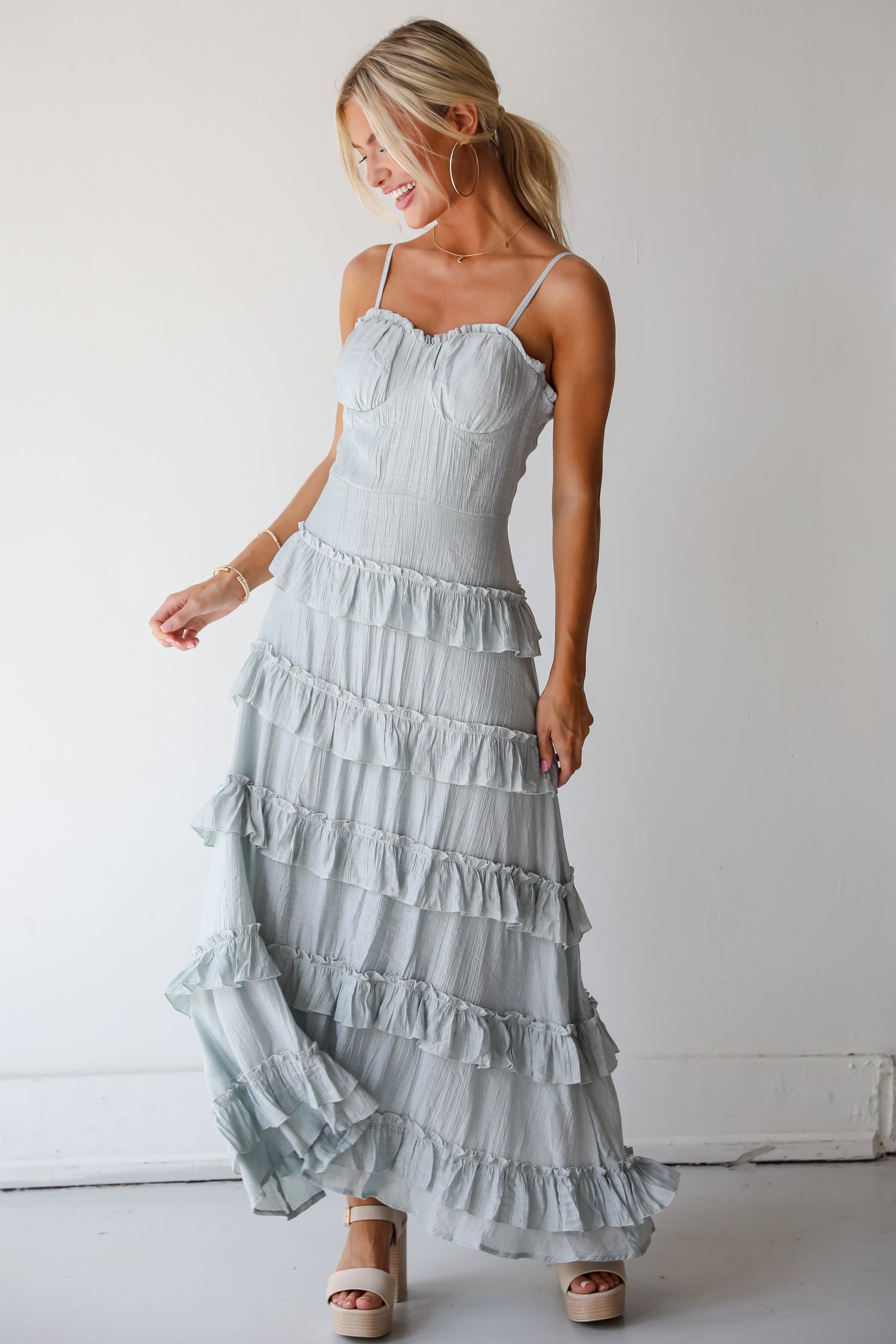 Flattering Attitude Light Blue Ruffle Tiered Maxi Dress