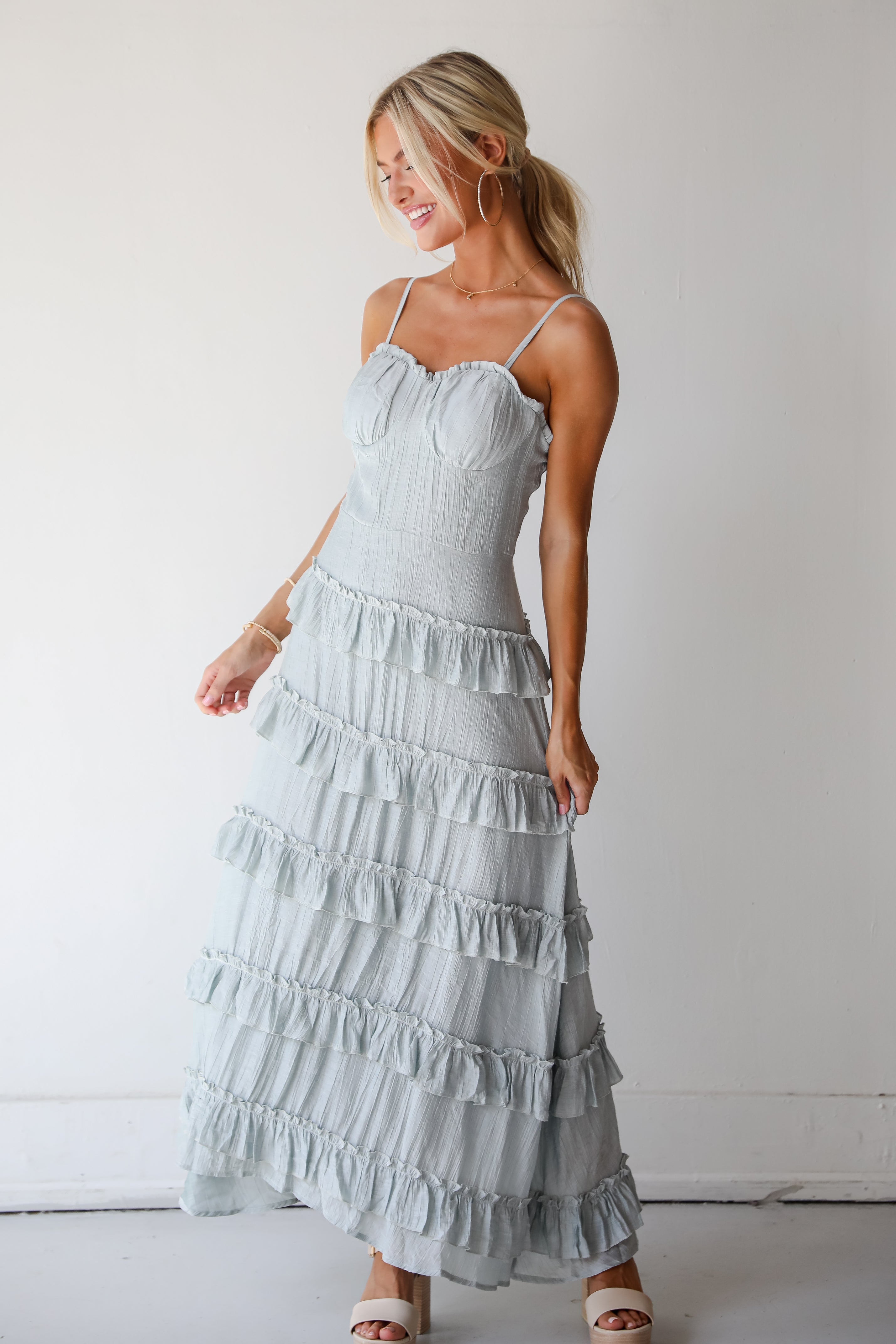 Flattering Attitude Light Blue Ruffle Tiered Maxi Dress