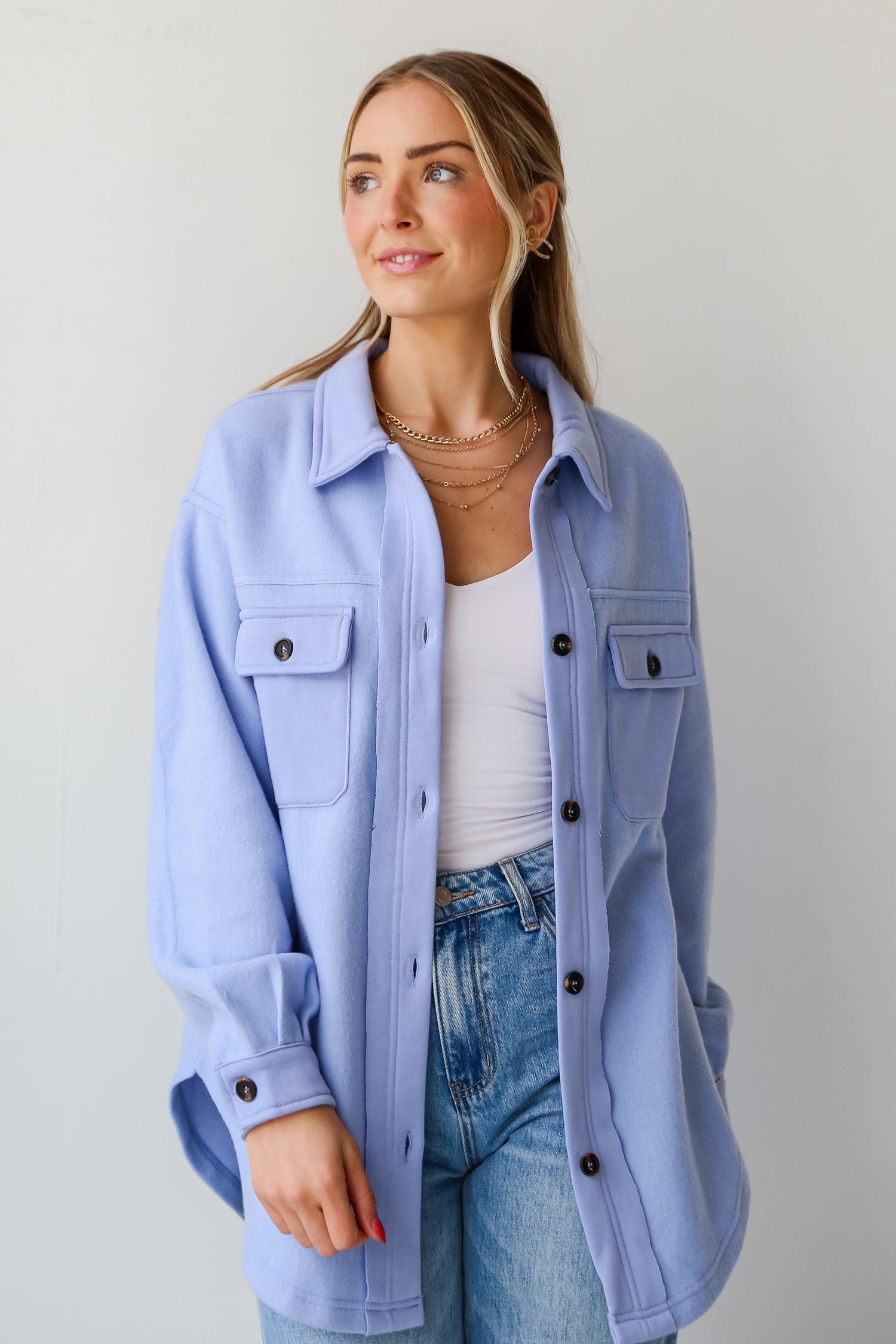 trendy Blue Brushed Knit Shacket