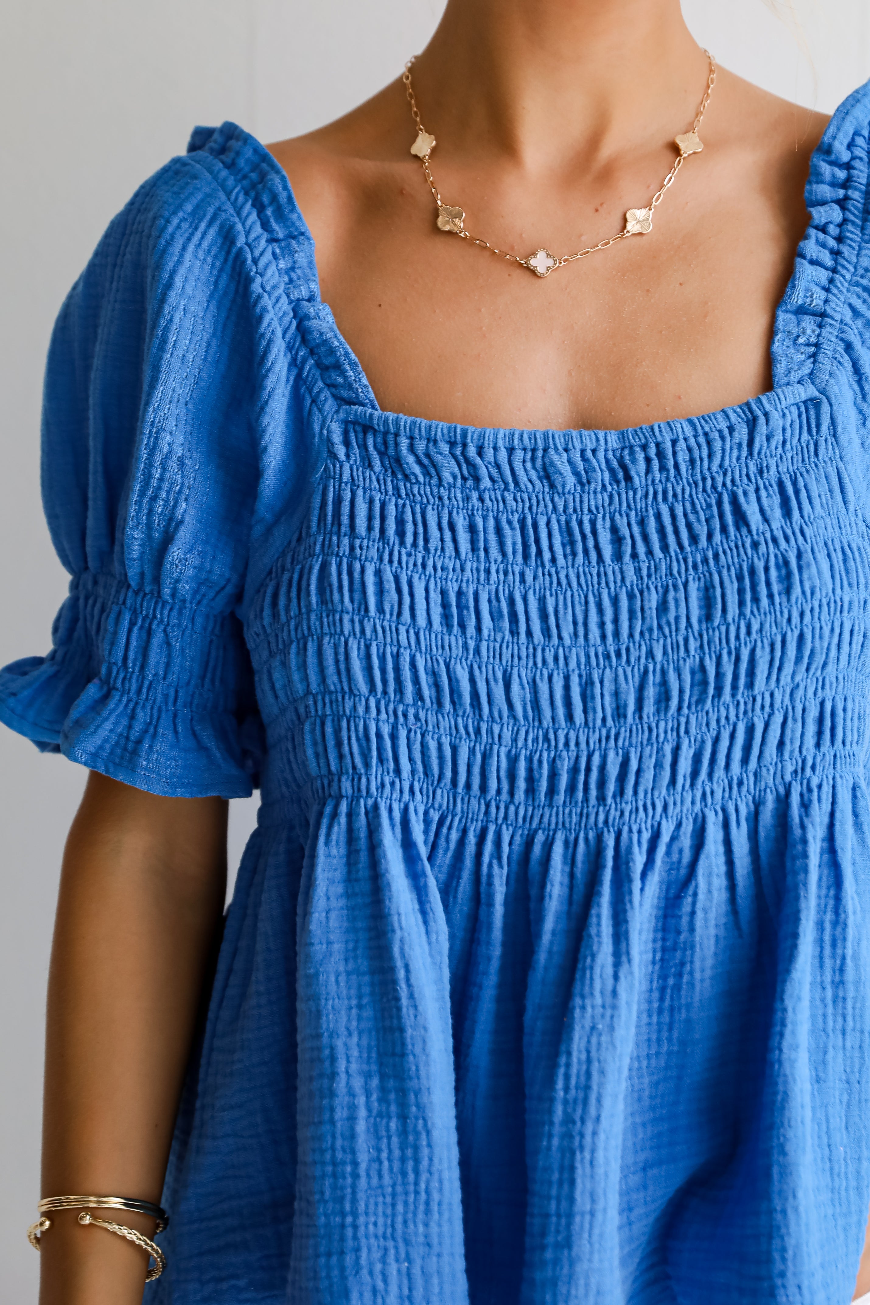 Blue Smocked Linen Blouse