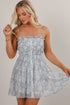 Never Far Away Blue Smocked Leaf Print Mini Dress
