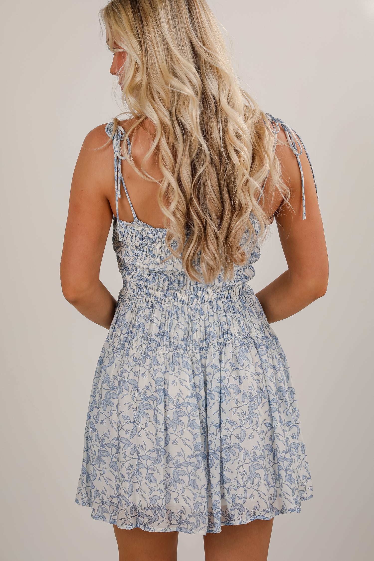 Never Far Away Blue Smocked Leaf Print Mini Dress