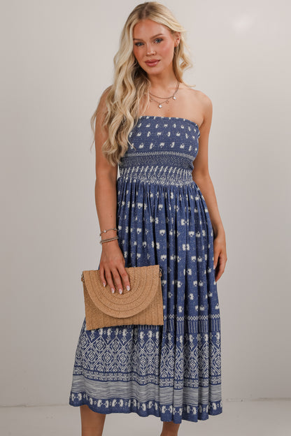 Saltwater Essential Blue Strapless Smocked Midi Dress