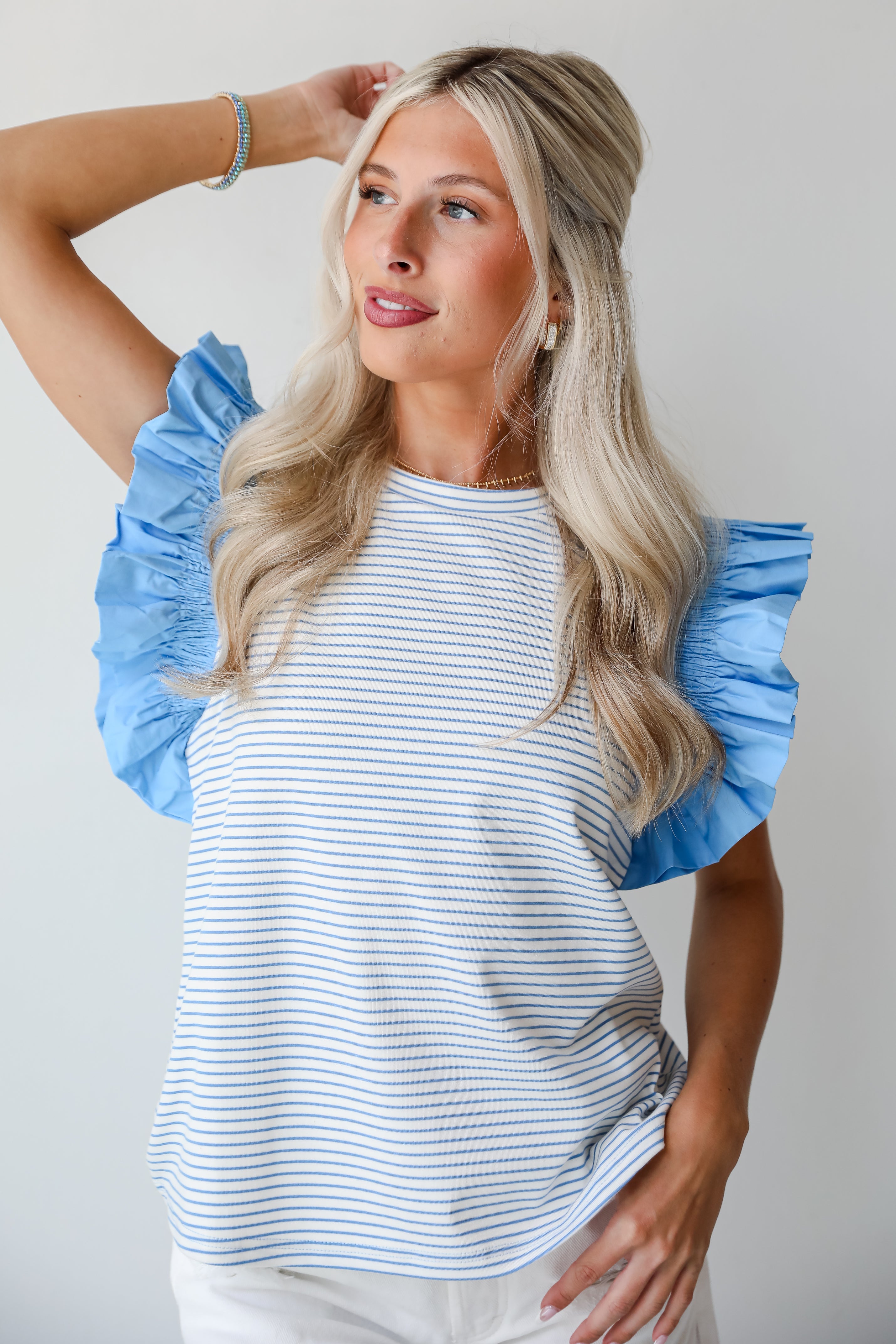 Blue Striped Ruffle Sleeve Blouse