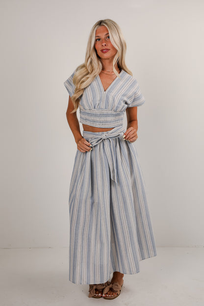Feels Like Love Blue Striped Midi Skirt