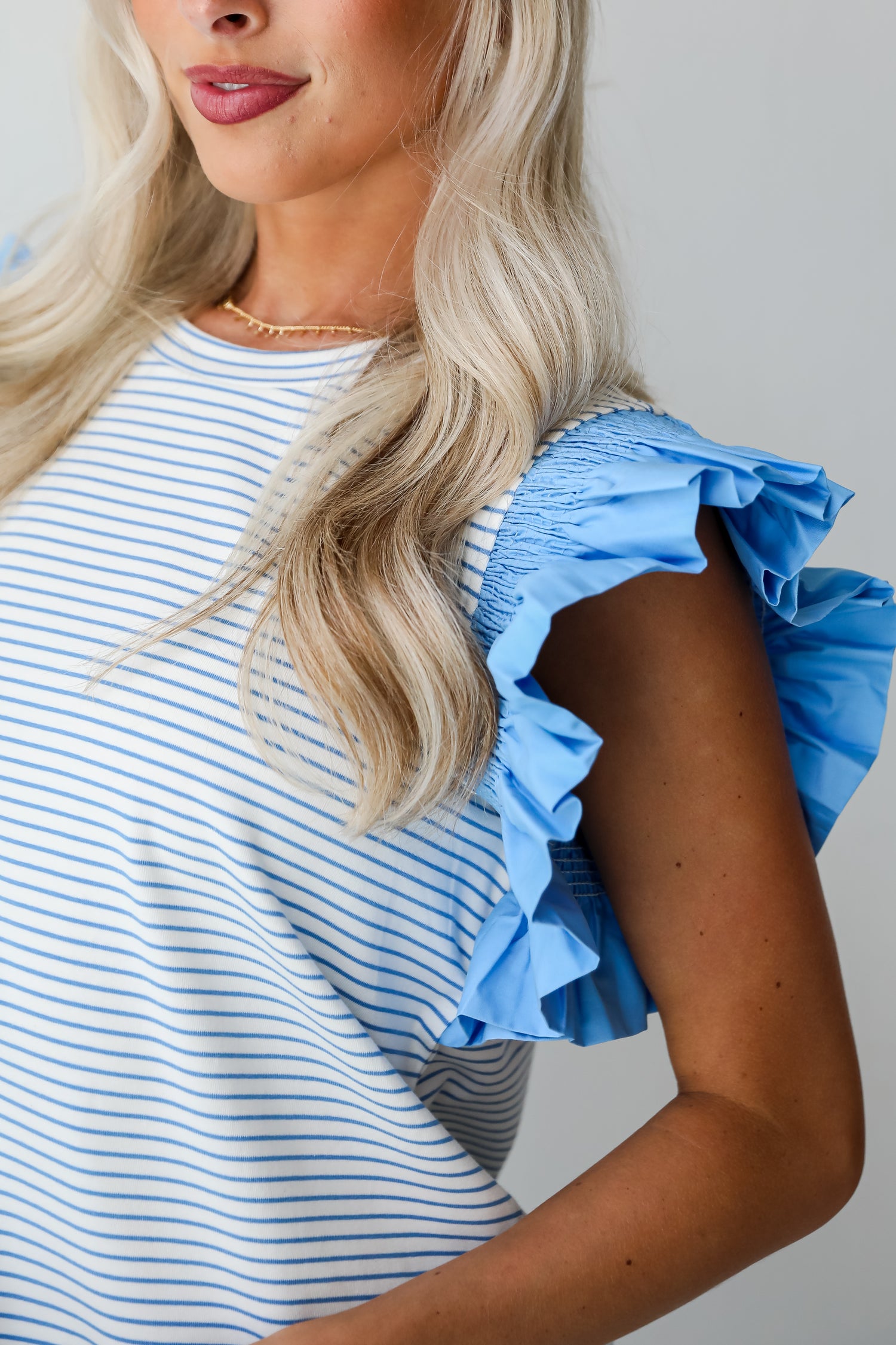 Blue Striped Ruffle Sleeve Blouse