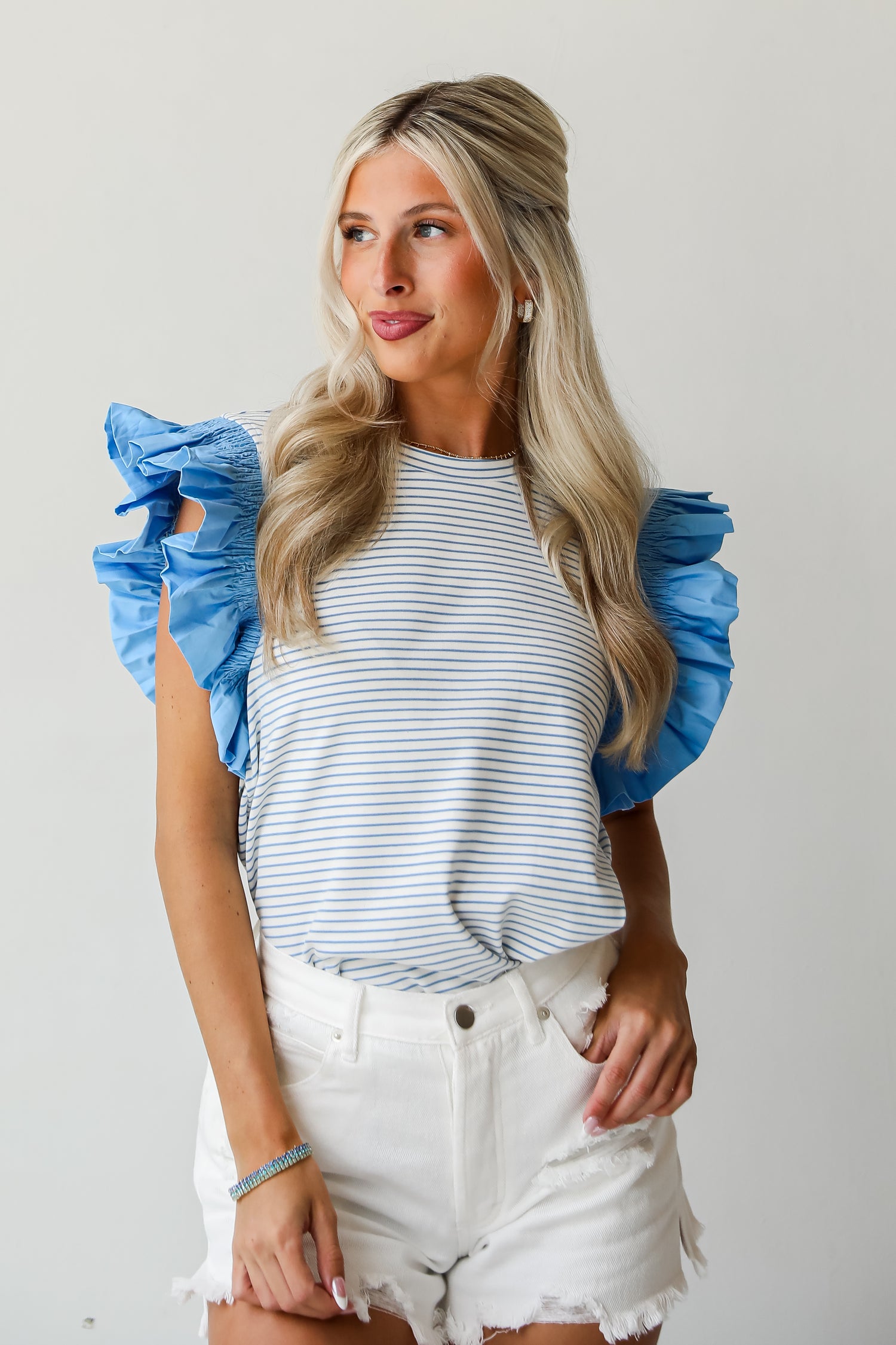 Blue Striped Ruffle Sleeve Blouse