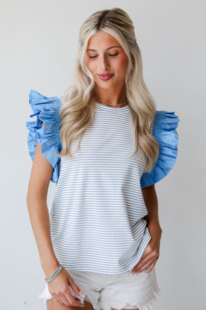 Blue Striped Ruffle Sleeve Blouse