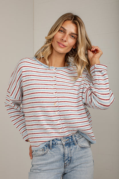 A woman wearing a long-sleeve knit top with thin red and white horizontal stripes, paired with light-wash blue jeans, standing against a neutral light gray wall.