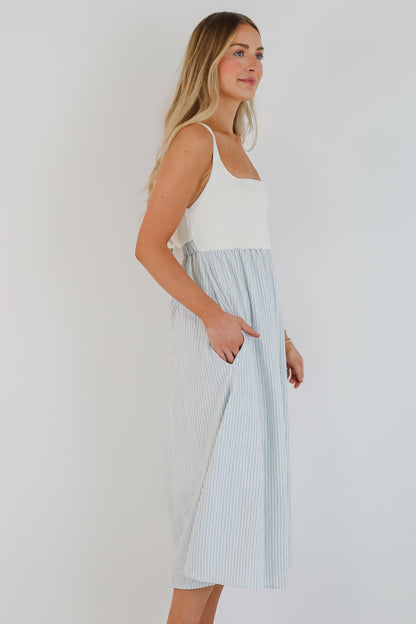 Off To The Shore Blue Striped Contrast Midi Dress
