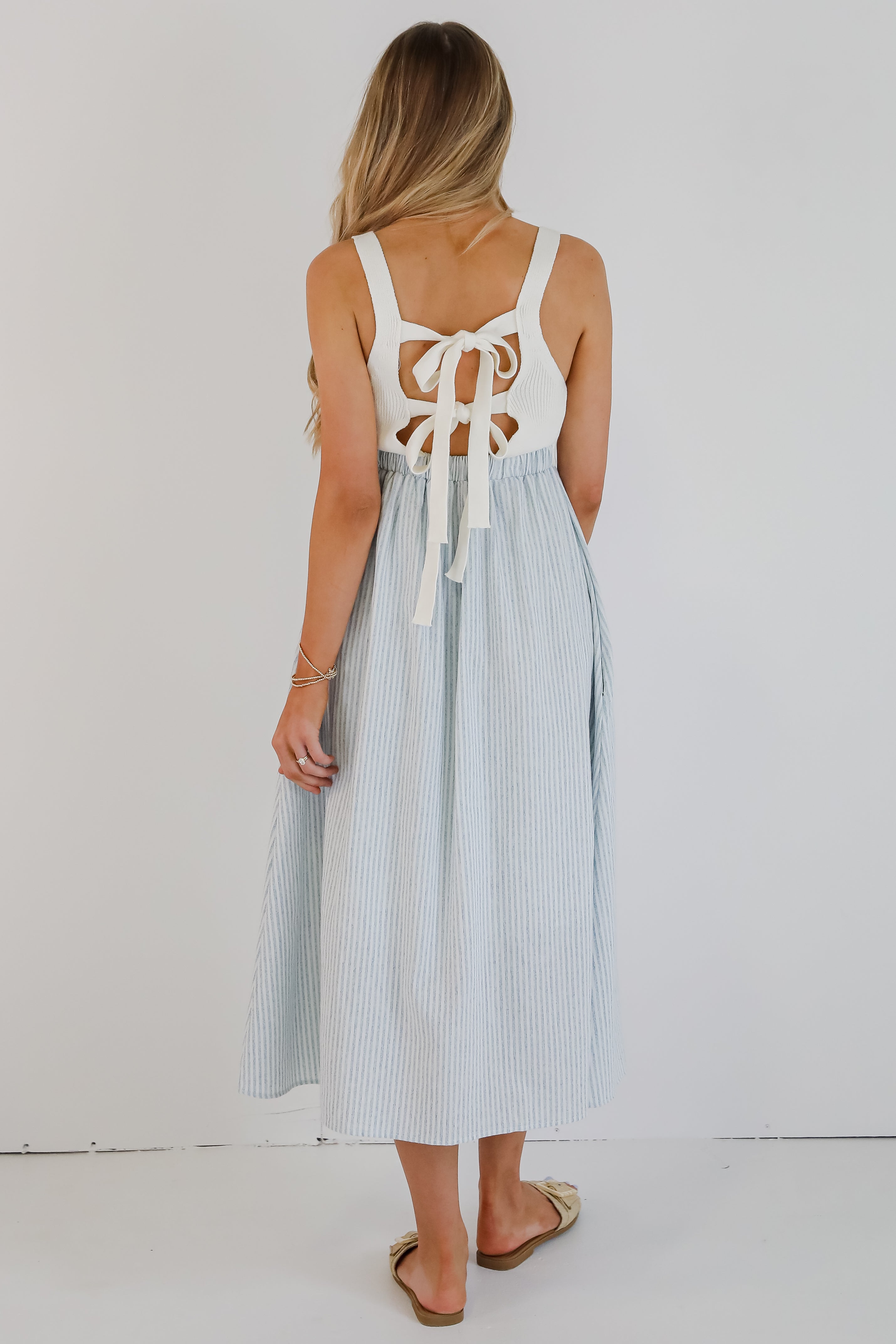 Off To The Shore Blue Striped Contrast Midi Dress