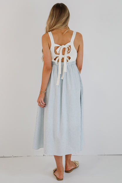Off To The Shore Blue Striped Contrast Midi Dress