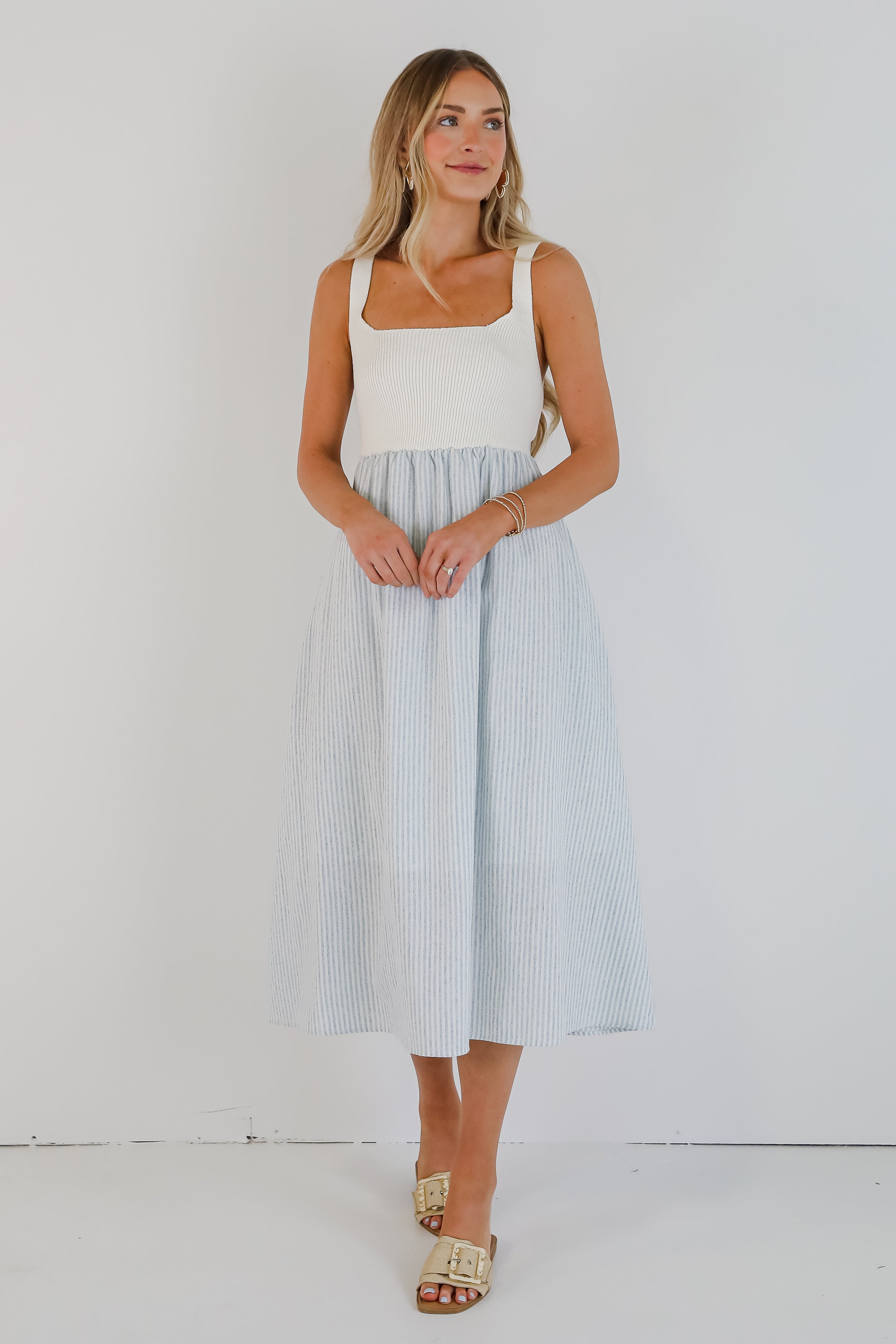 Off To The Shore Blue Striped Contrast Midi Dress