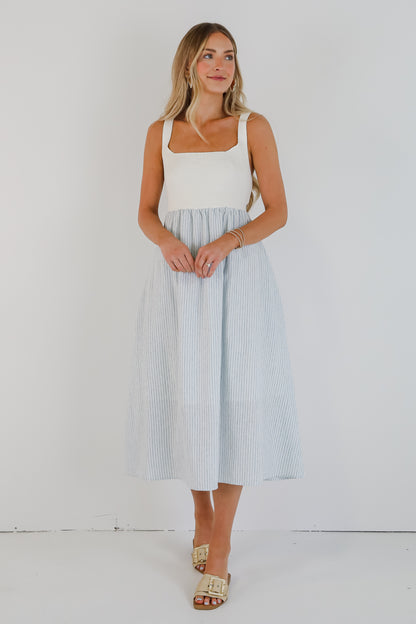 Off To The Shore Blue Striped Contrast Midi Dress
