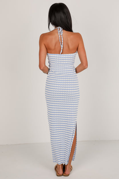 Calm And Composed Blue Striped Halter Maxi Dress