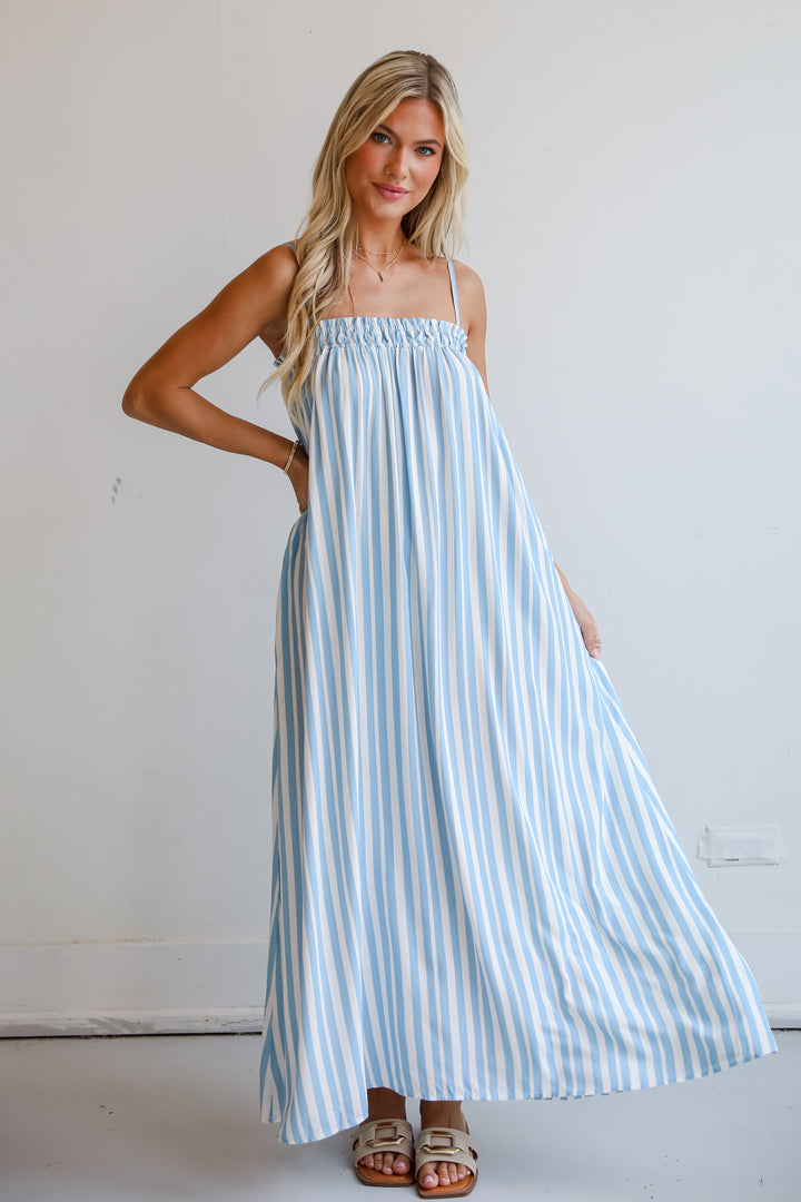 flowy Light Blue Striped Maxi Dress