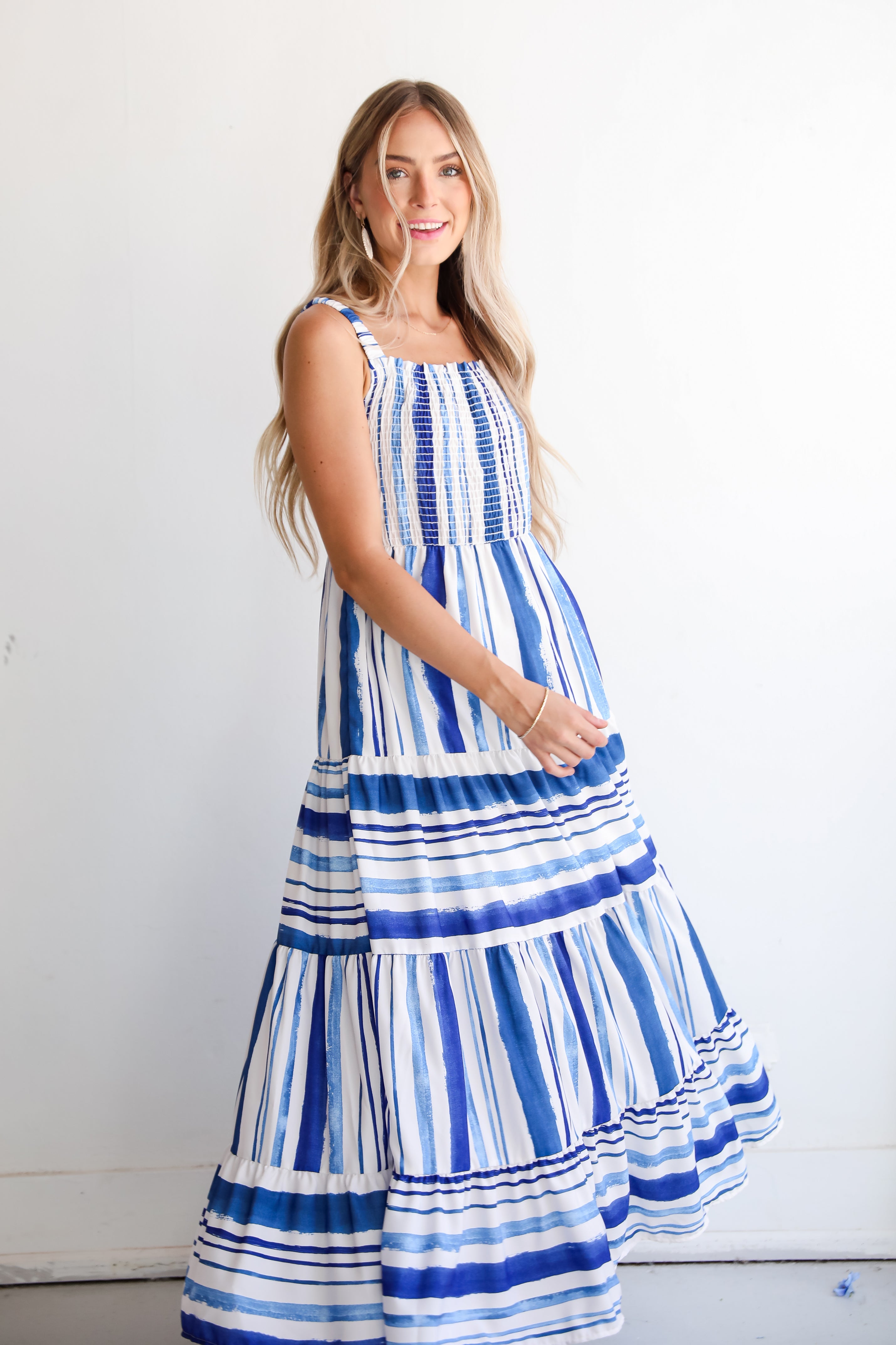 Impressively Darling Blue Striped Tiered Maxi Dress