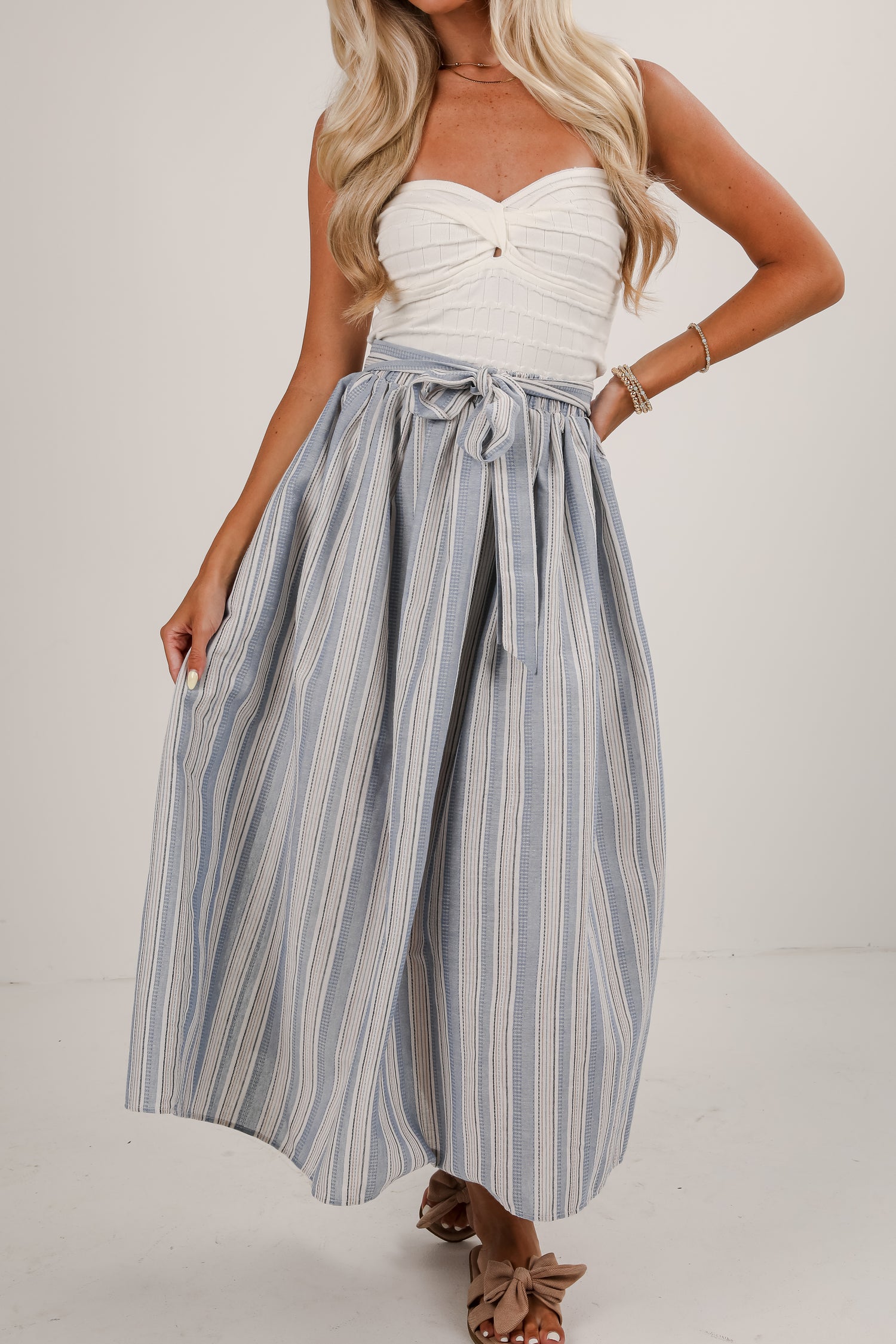 Feels Like Love Blue Striped Midi Skirt