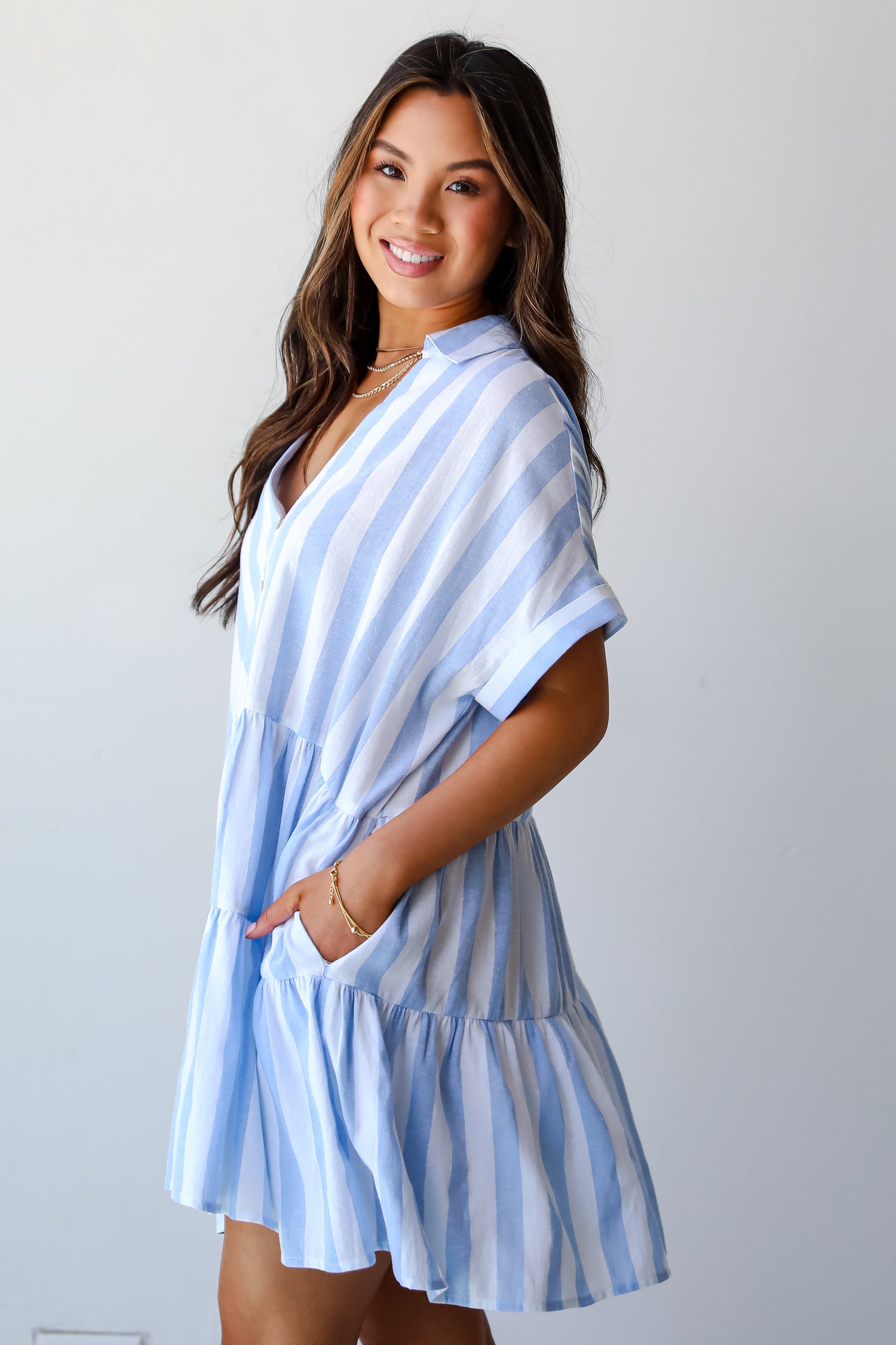 Light Blue Striped Mini Dress