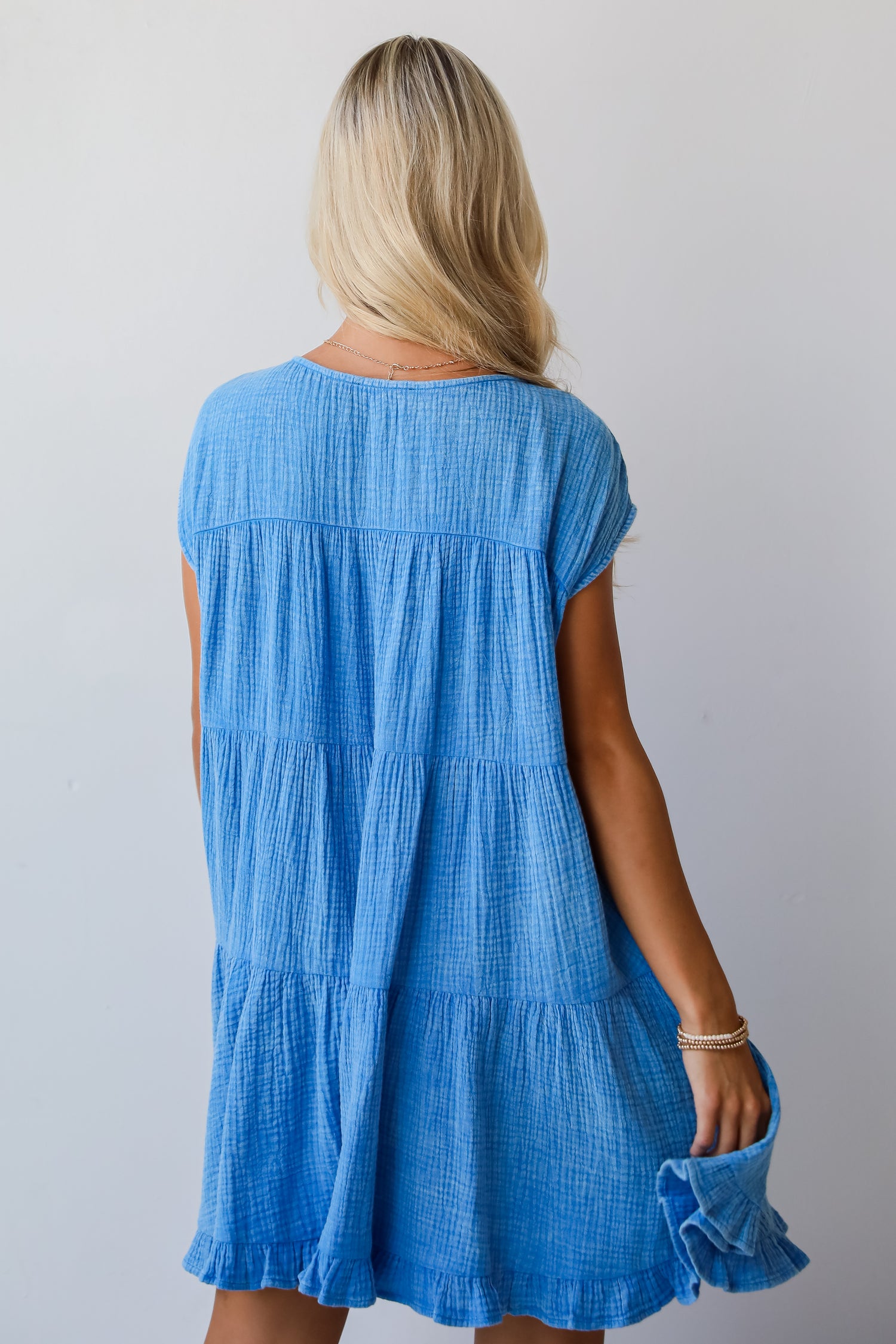 Serene Date Blue Linen Tiered Mini Dress