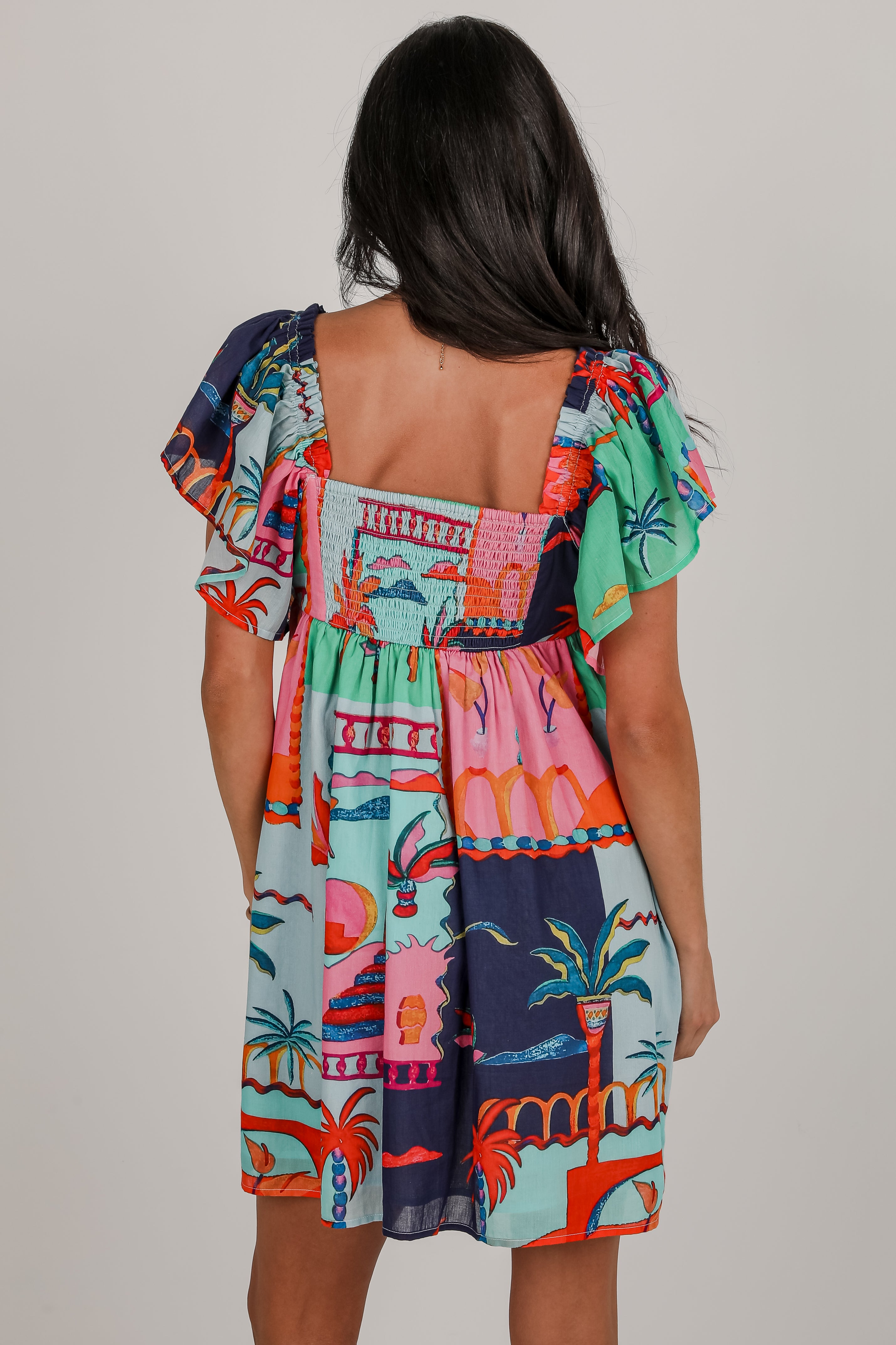 Sunset By The Sea Blue Tropical Babydoll Mini Dress
