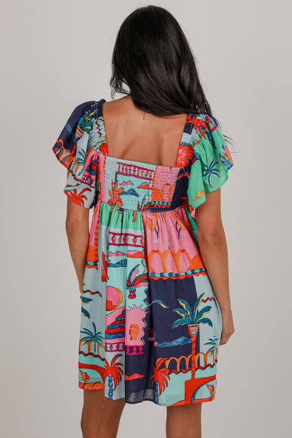 Sunset By The Sea Blue Tropical Babydoll Mini Dress