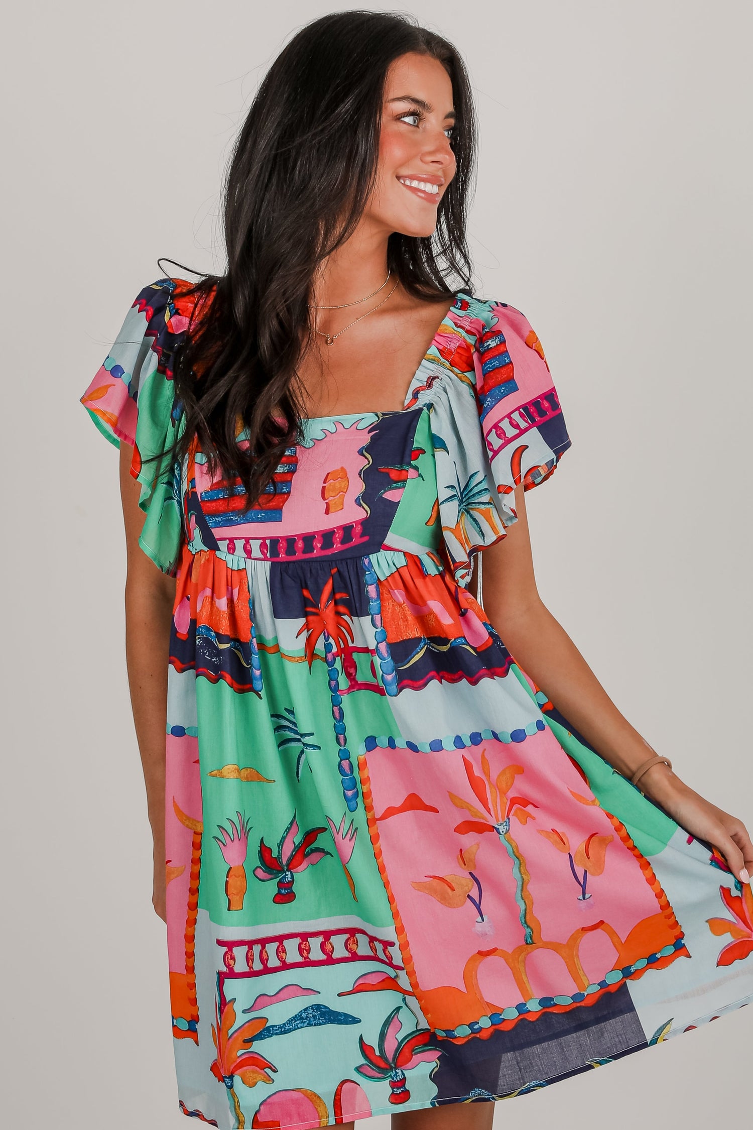Sunset By The Sea Blue Tropical Babydoll Mini Dress