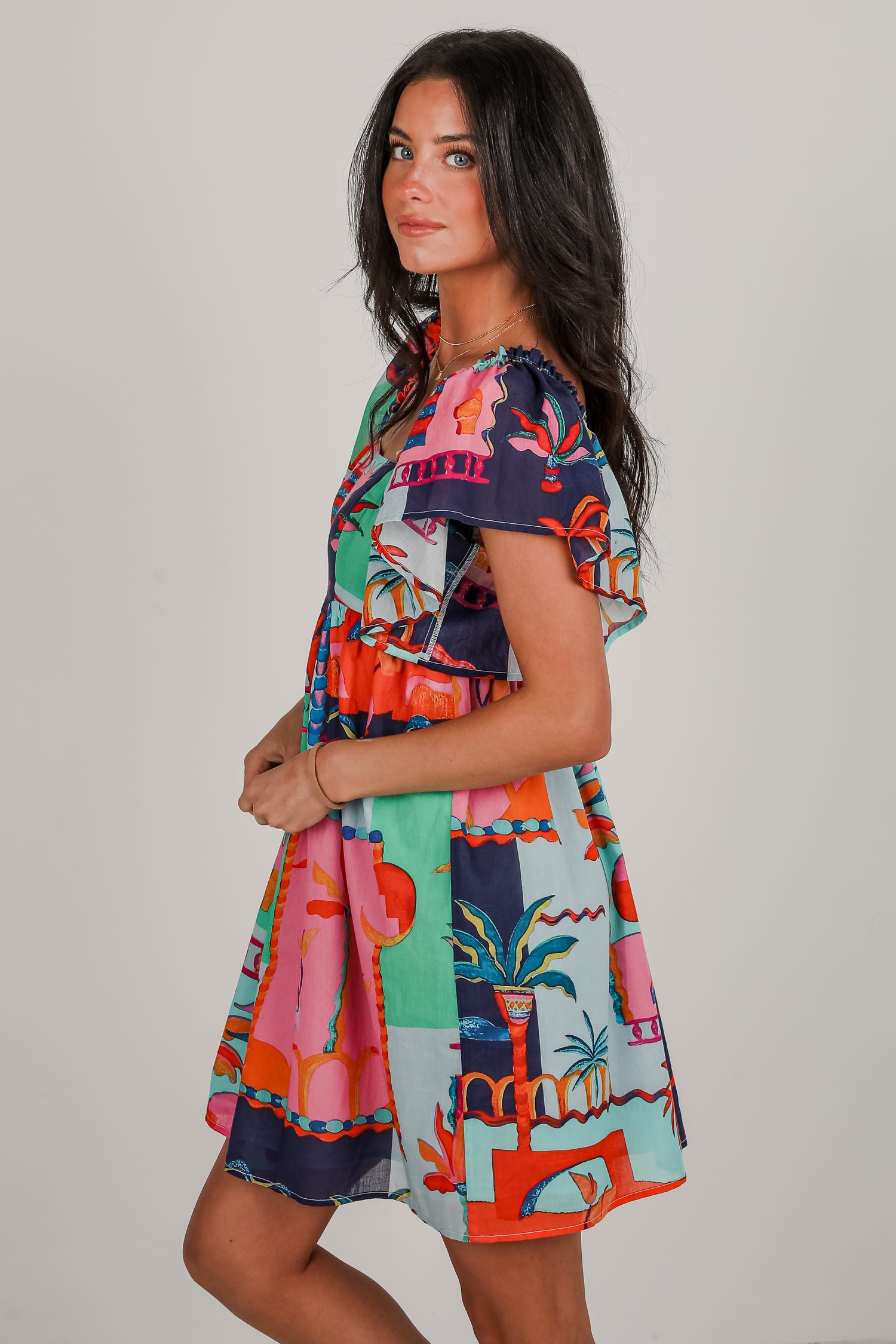 Sunset By The Sea Blue Tropical Babydoll Mini Dress