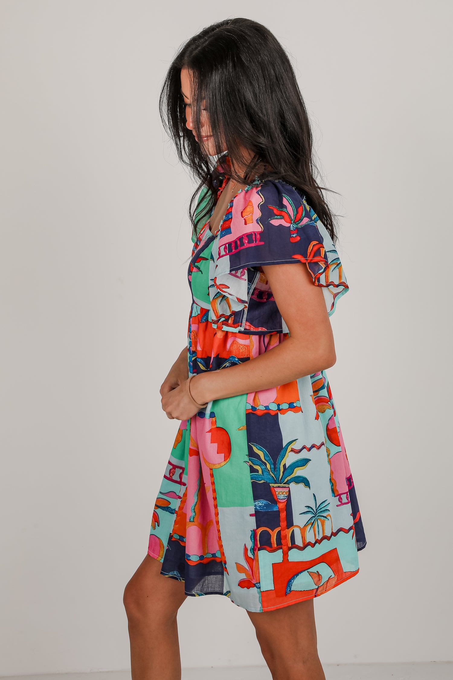 Sunset By The Sea Blue Tropical Babydoll Mini Dress