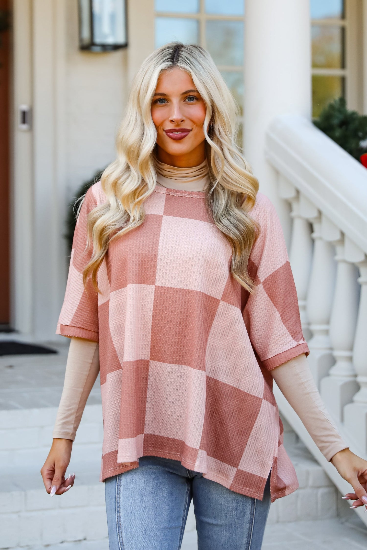 Delaney Blush Checkered Waffle Knit Top