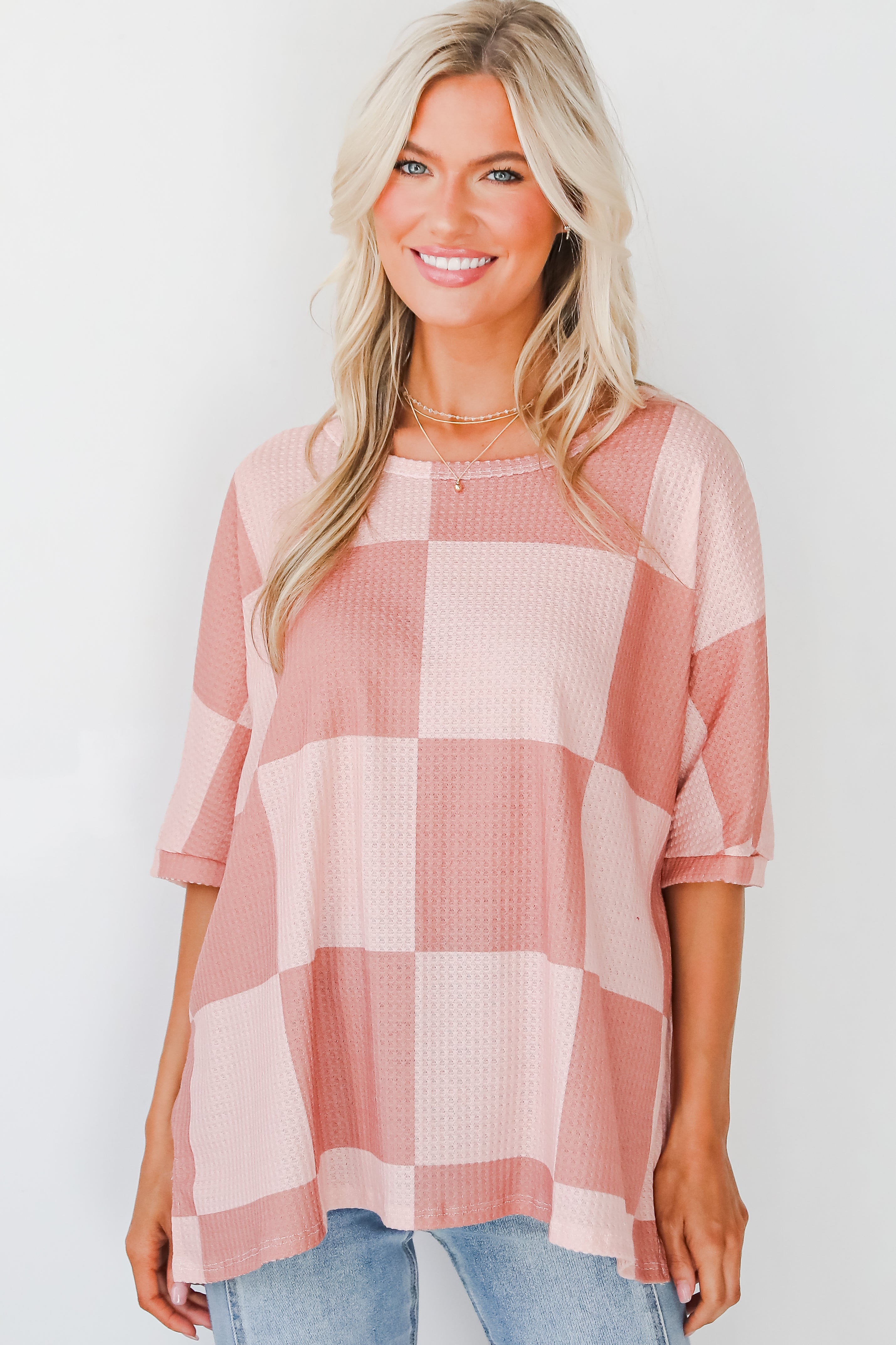 Delaney Blush Checkered Waffle Knit Top