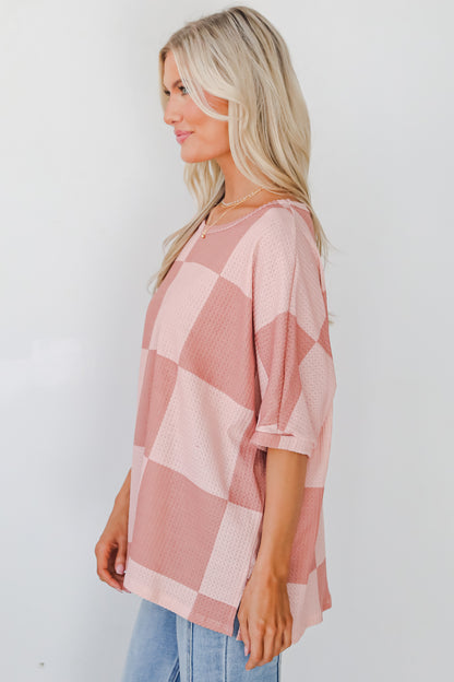 Delaney Blush Checkered Waffle Knit Top