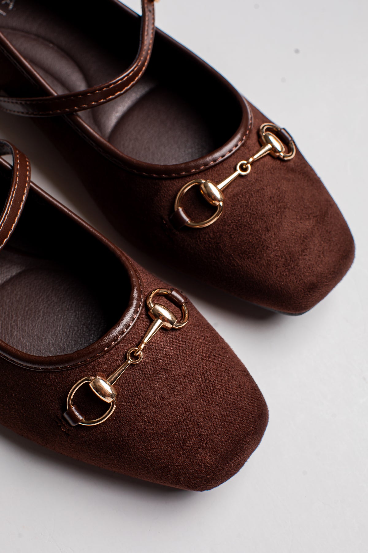 A pair of dark brown suede Mary Jane flats with gold-tone horsebit hardware on the toe, shown on a light gray background.