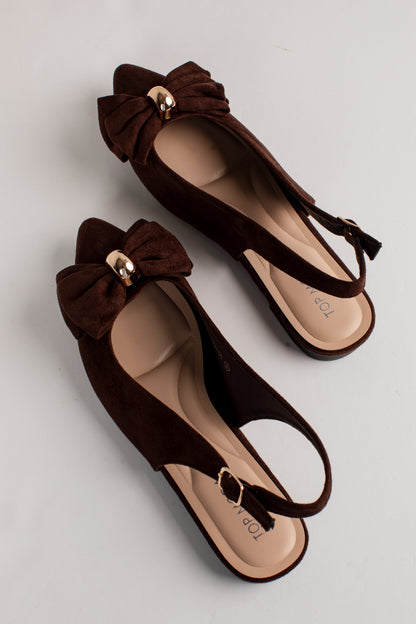 Pretty Detail Brown Bow Suede Slingback Flats