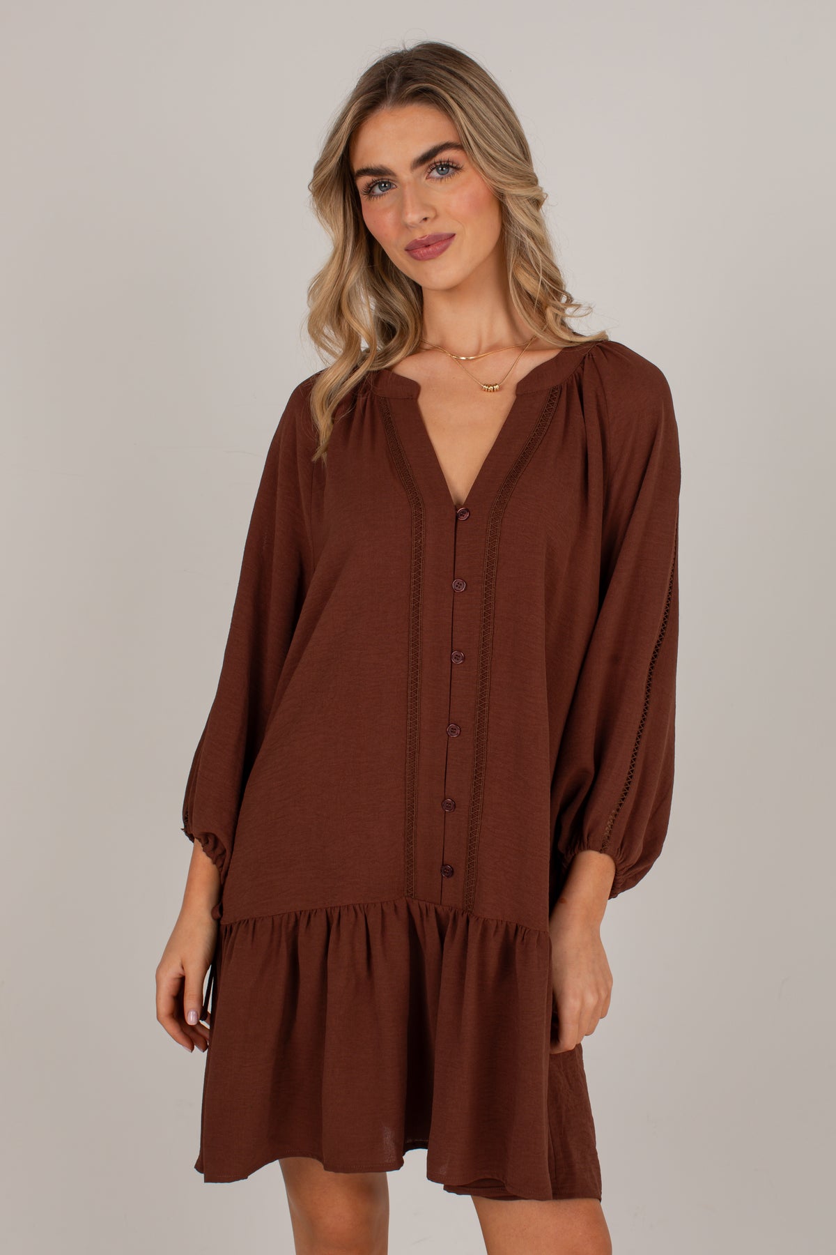 Refined Taste Brown Button-Front Mini Dress