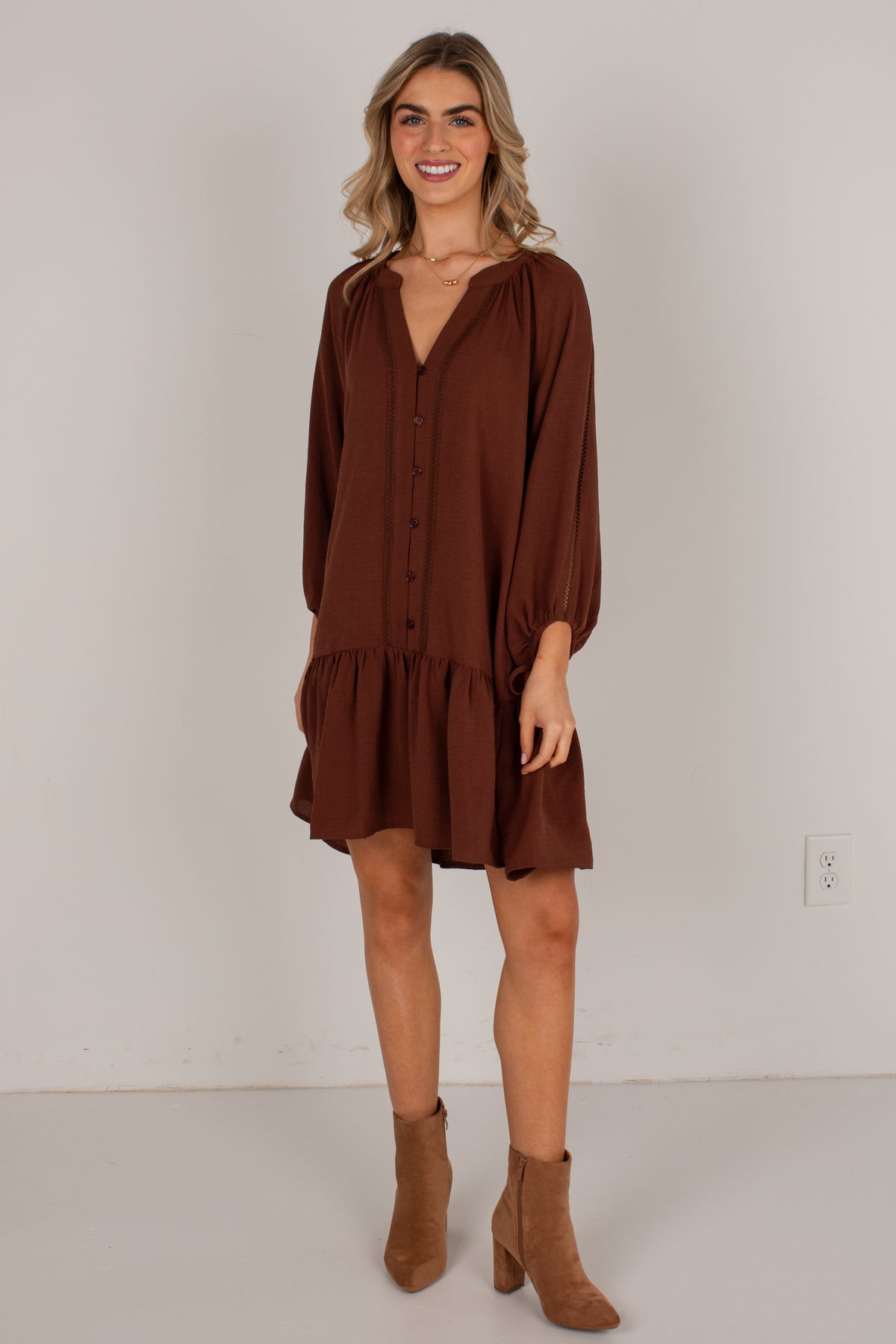 Refined Taste Brown Button-Front Mini Dress
