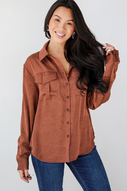 Extravagantly Sleek Brown Button-Up Blouse