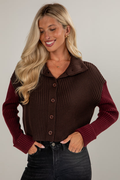 Woman wearing a brown ribbed sweater with burgundy sleeves on a plain background