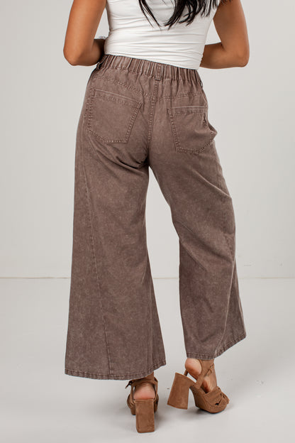 A person shown from the back wearing wide-leg cropped pants in a washed taupe-brown color, paired with a white top and brown platform sandals, against a light gray studio background.