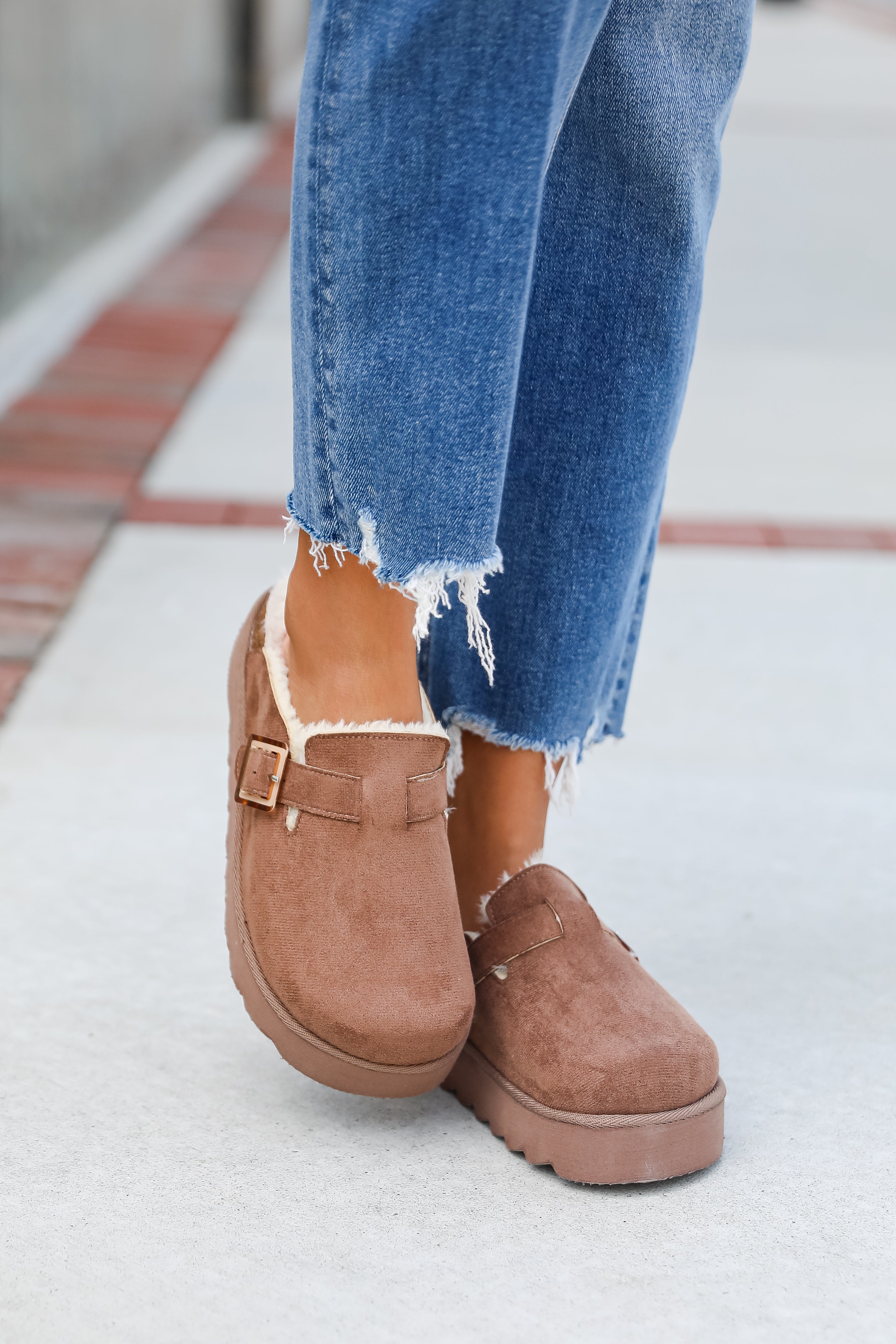 Fuzzy Feelings Taupe Fur Lined Platform Slip-On Clogs