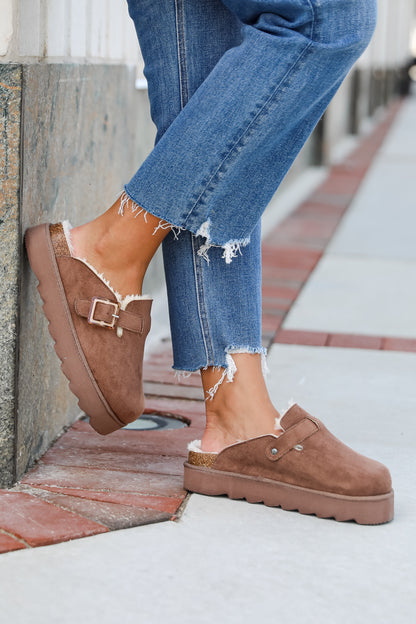 Fuzzy Feelings Taupe Fur Lined Platform Slip-On Clogs