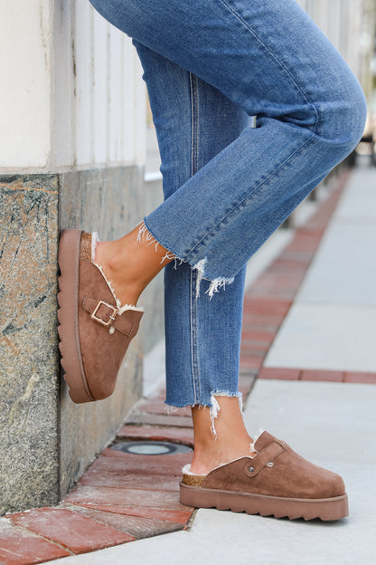 Fuzzy Feelings Taupe Fur Lined Platform Slip-On Clogs