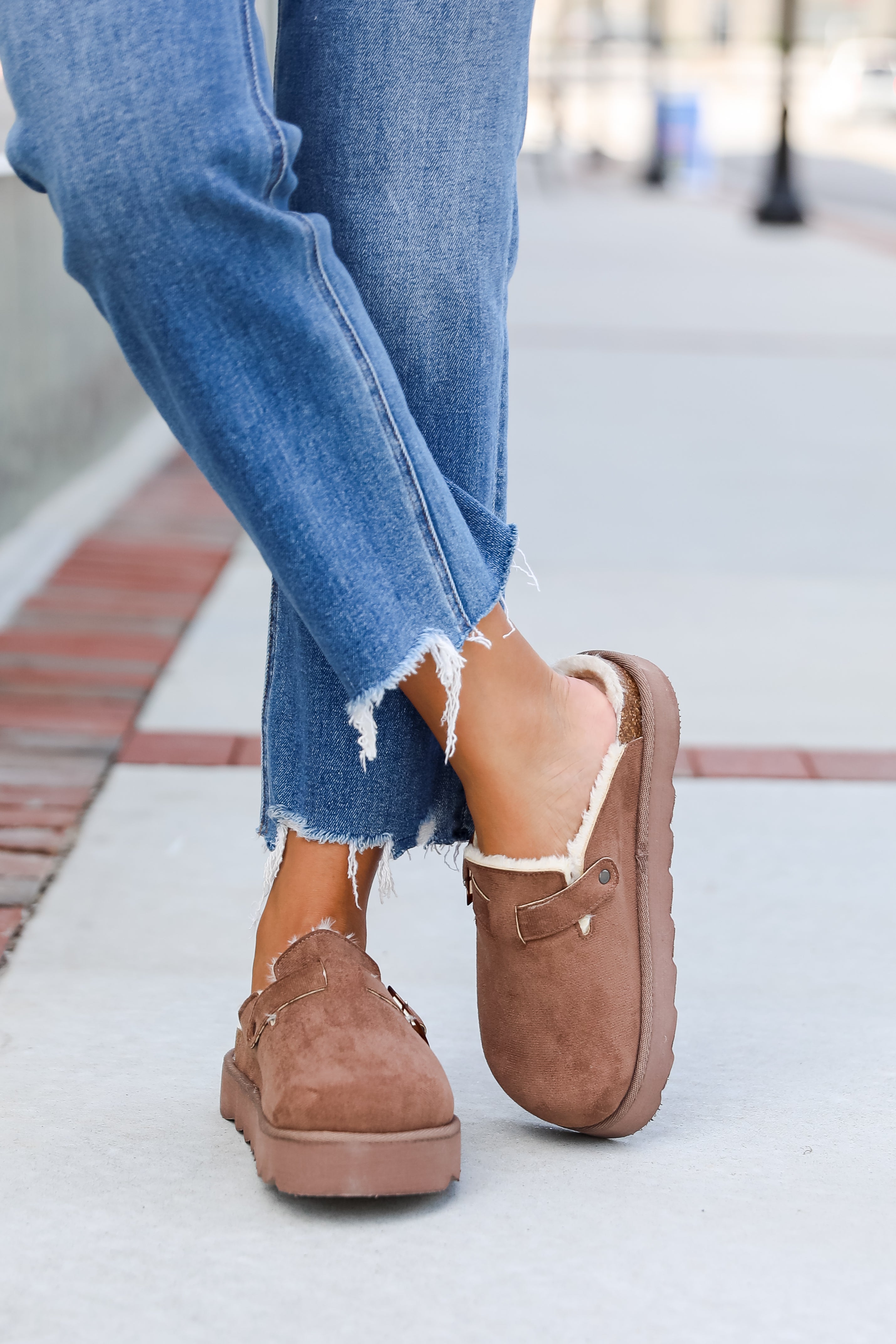 Fuzzy Feelings Taupe Fur Lined Platform Slip-On Clogs