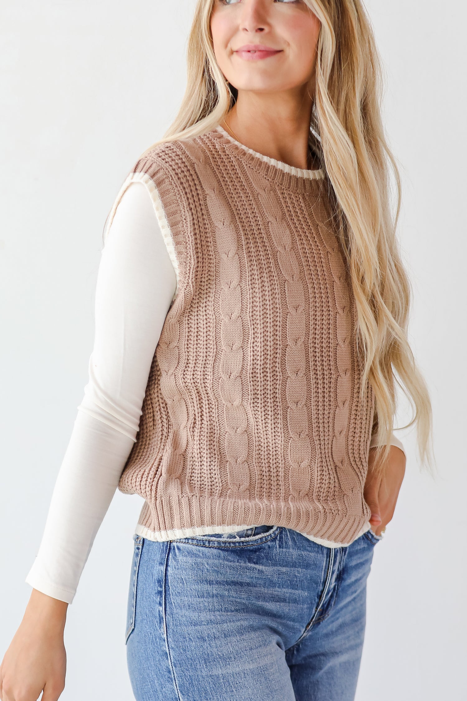 Cozy Outlook Taupe Cable Knit Sweater Vest