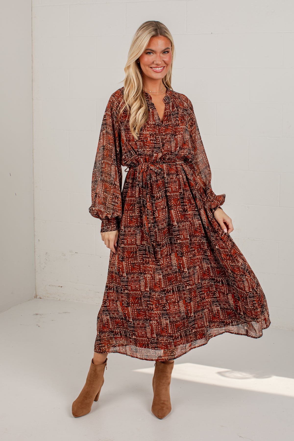 Flourish With Grace Brown Printed Midi Dress