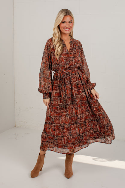 Flourish With Grace Brown Printed Midi Dress