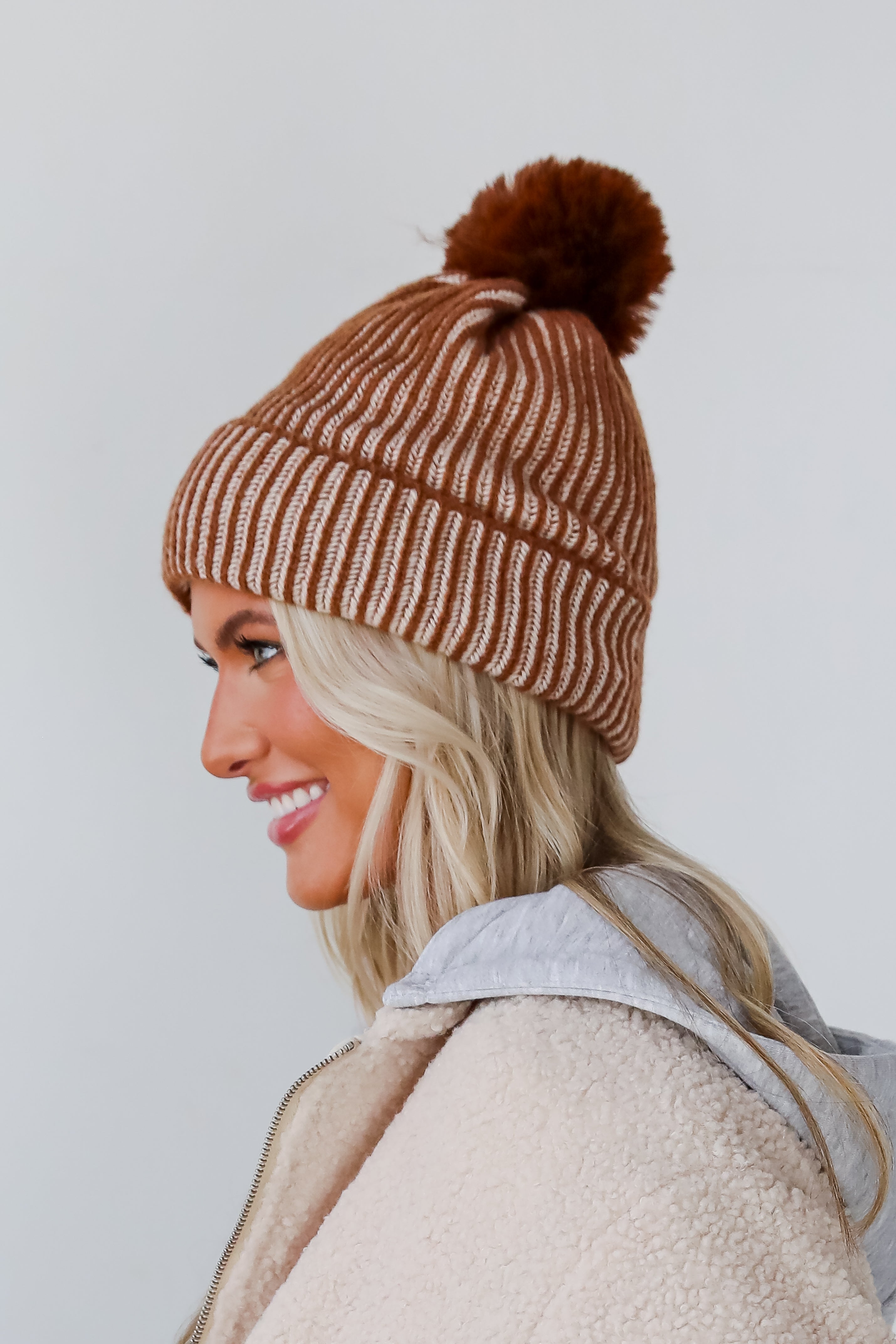 Exceptionally Cozy Brown Ribbed Pom Pom Beanie