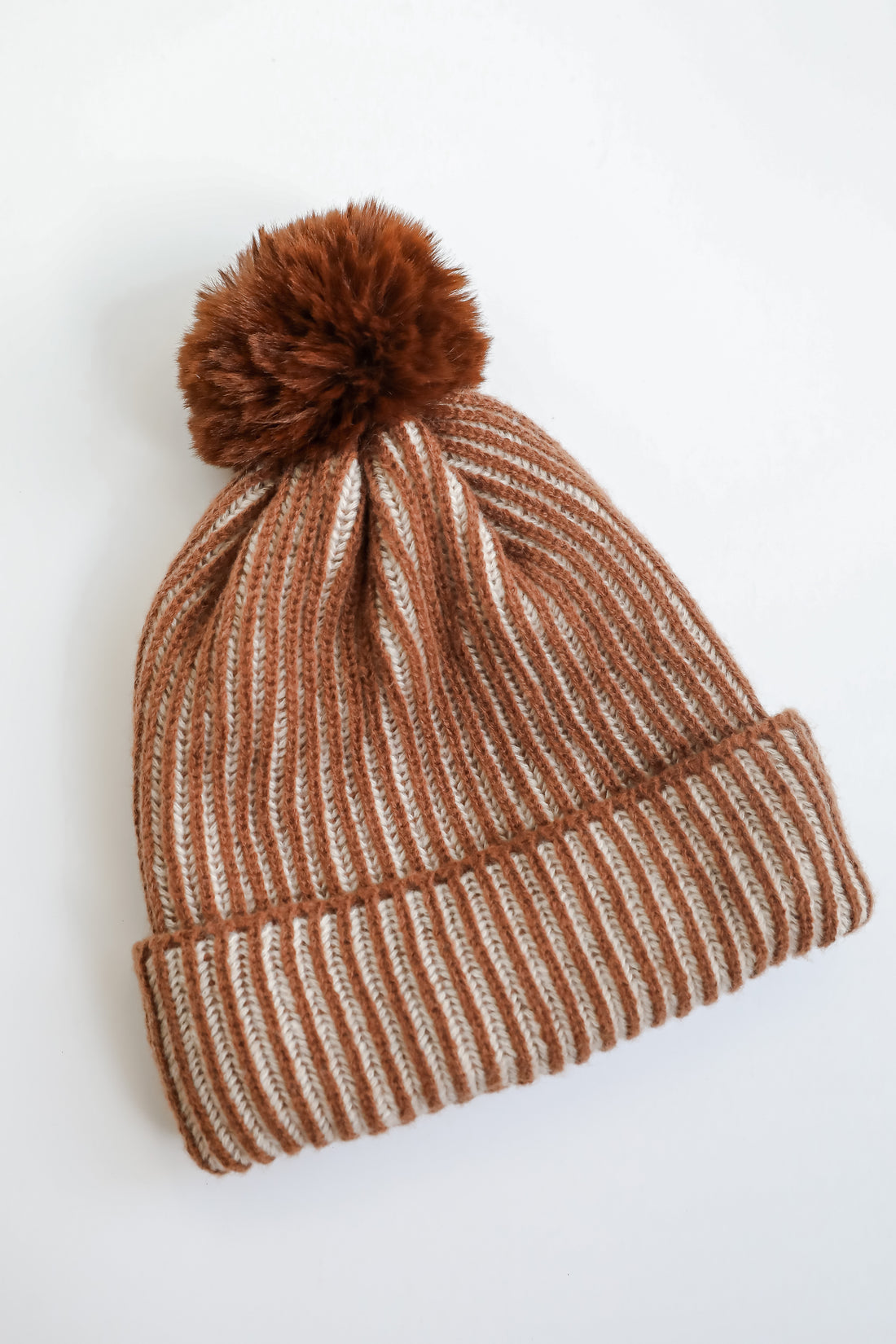 Exceptionally Cozy Brown Ribbed Pom Pom Beanie