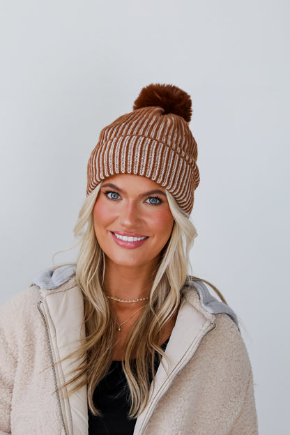 Exceptionally Cozy Brown Ribbed Pom Pom Beanie